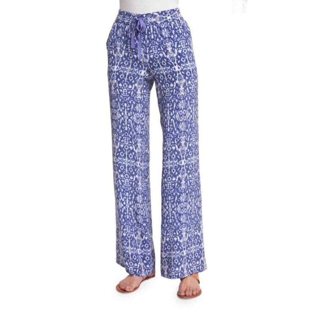 100% Silk Joie Blue & White Ikat Print Wide Leg Pants